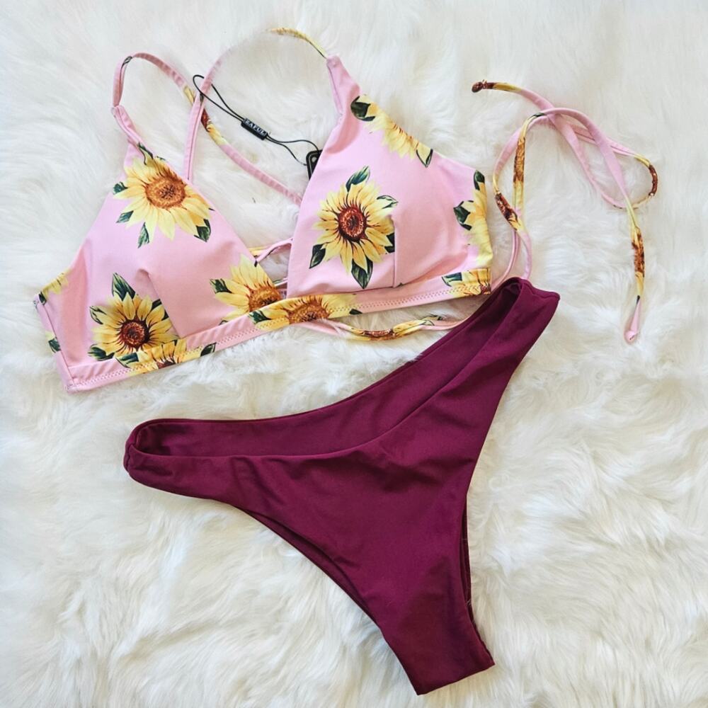 Zaful Sunflower and Maroon Cheeky Bikini Sz 8 New